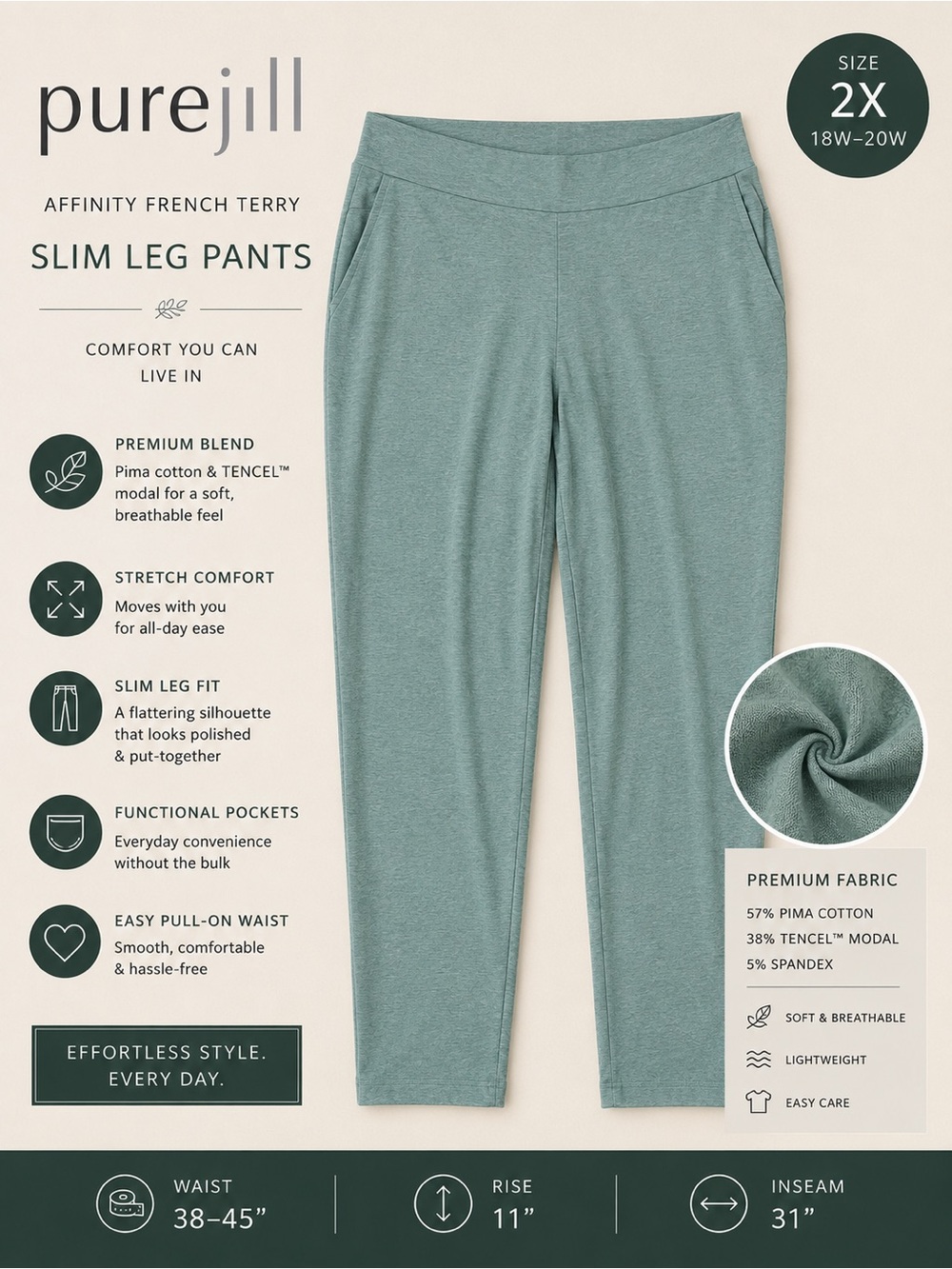 Pure Jill Affinity French Terry Slim Leg Pants 2X Sage Green Pull On Stretch